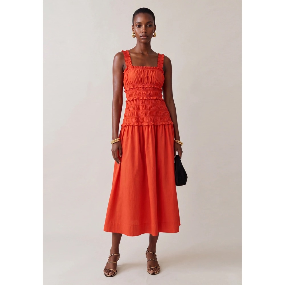 O.P.T Freya Smocked Ruffle Midi Dress Orange Sleeveless Cotton Women's Size Med